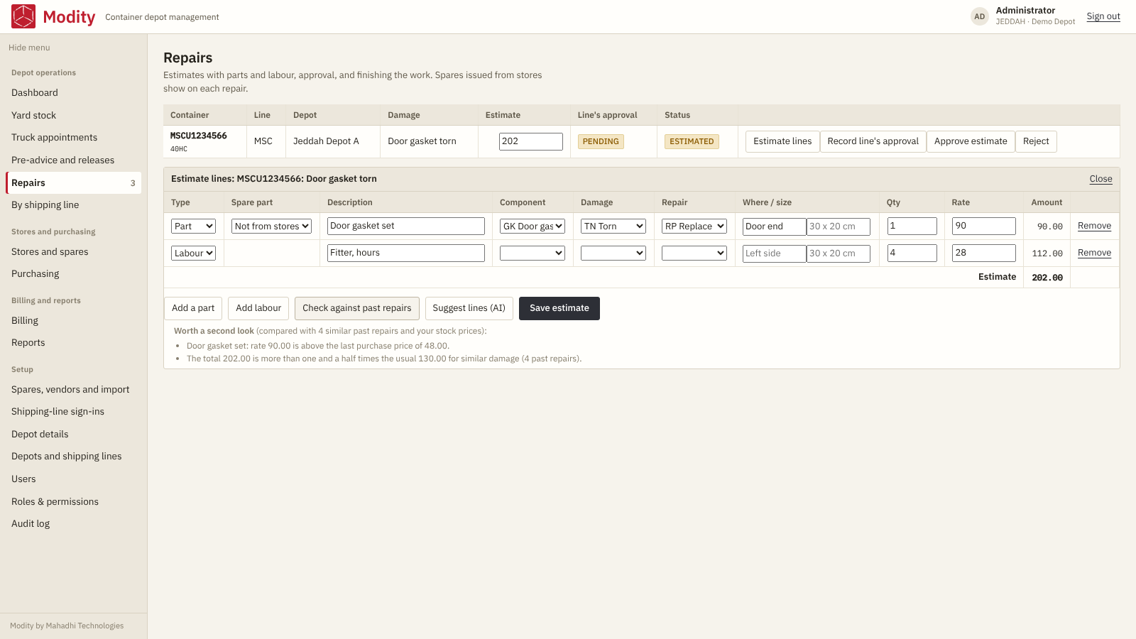 Modity repair estimate with damage codes and a check against past repairs